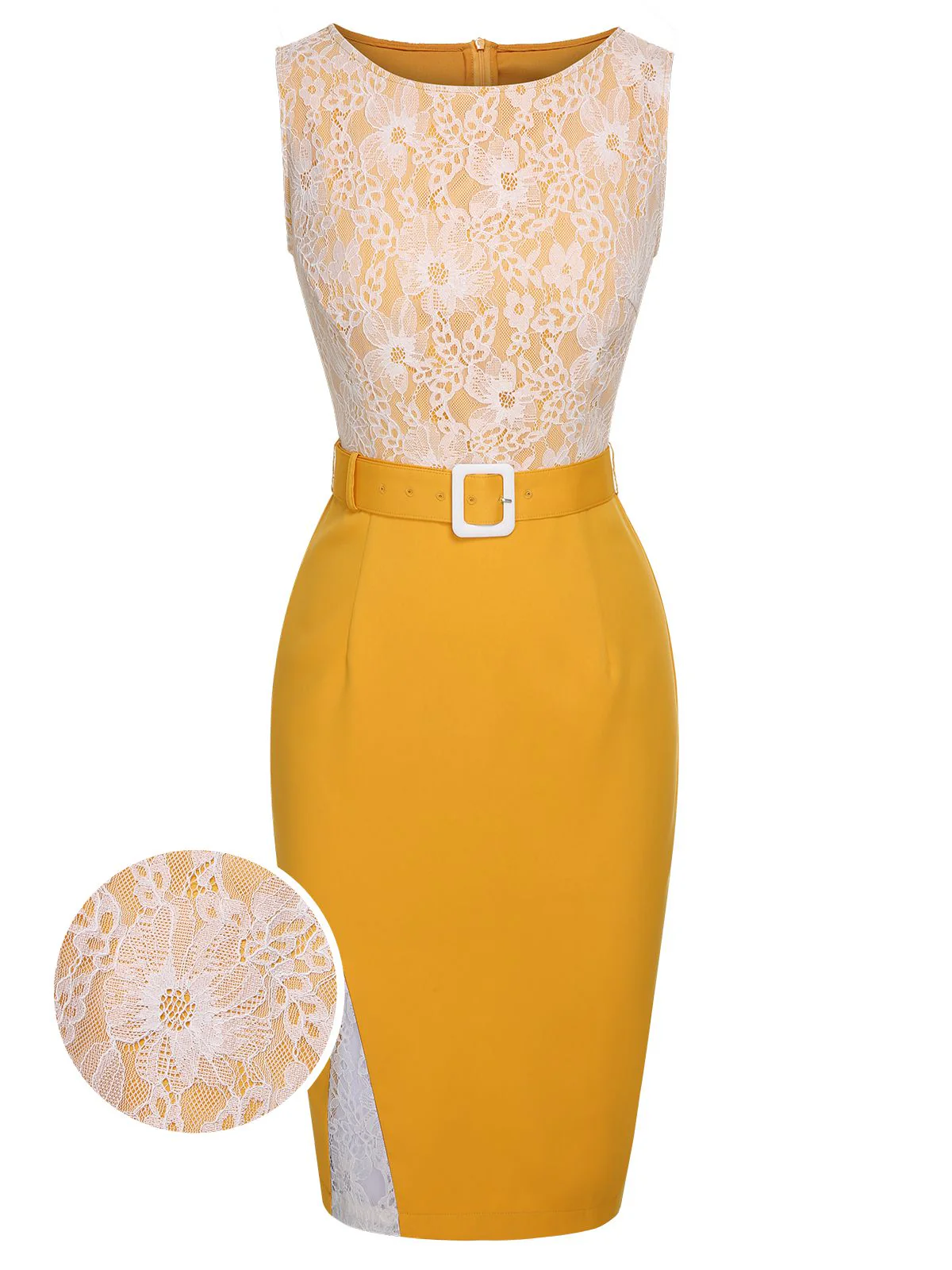Yellow 1960s Solid Lace Patchwork Belt Dress - Image 2