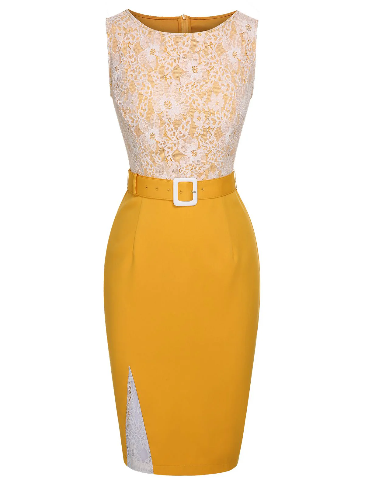 Yellow 1960s Solid Lace Patchwork Belt Dress - Image 3