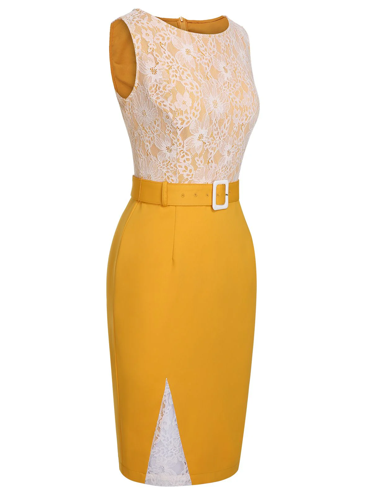Yellow 1960s Solid Lace Patchwork Belt Dress - Image 4