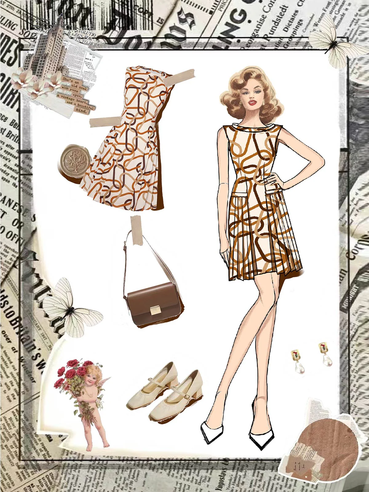 Yellow 1960s Stand Collar Printed Pleated Dress - Image 2