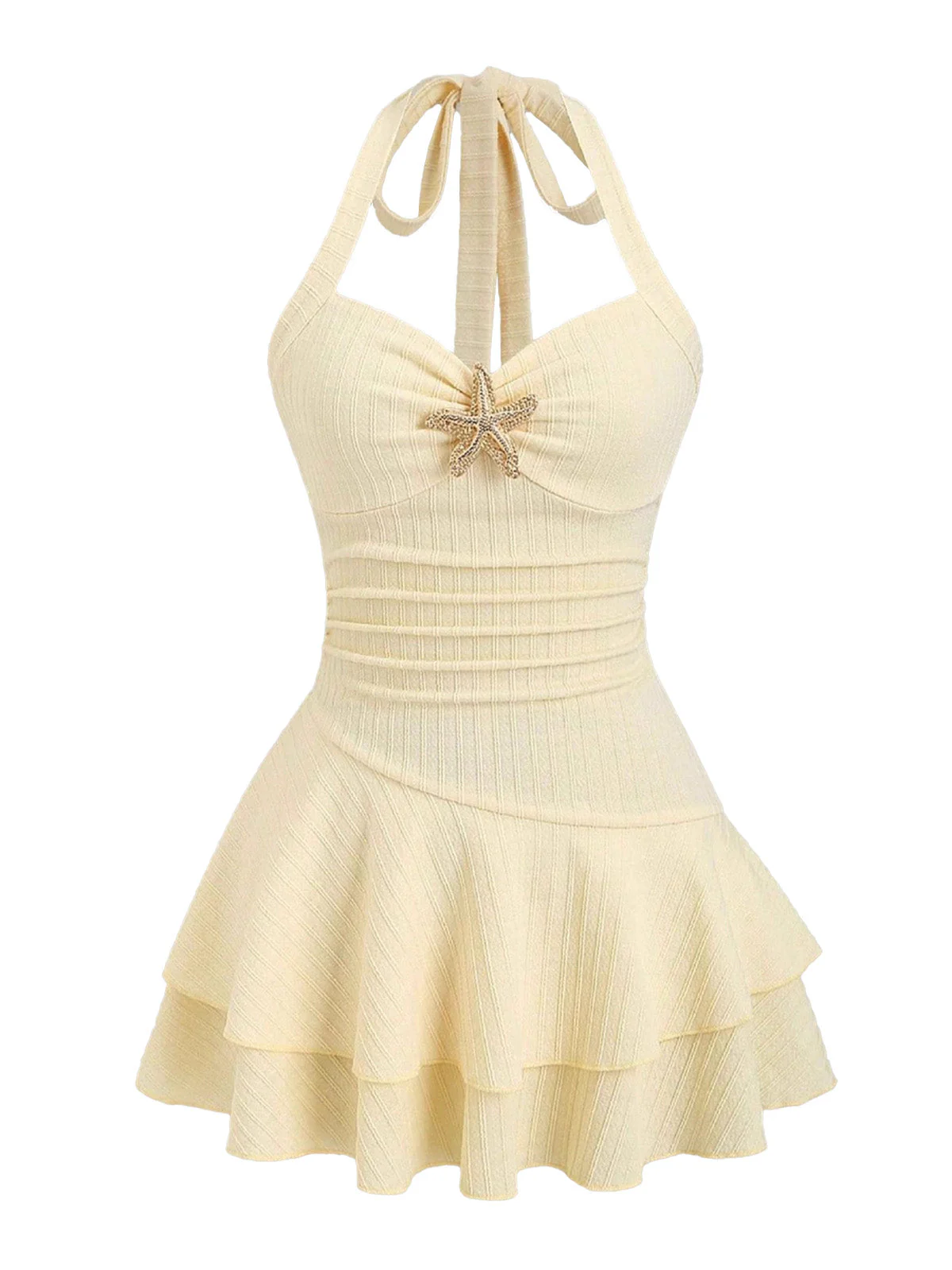 Yellow 1960s Textured Metal Starfish Halter Layered Mini Dress - Image 2