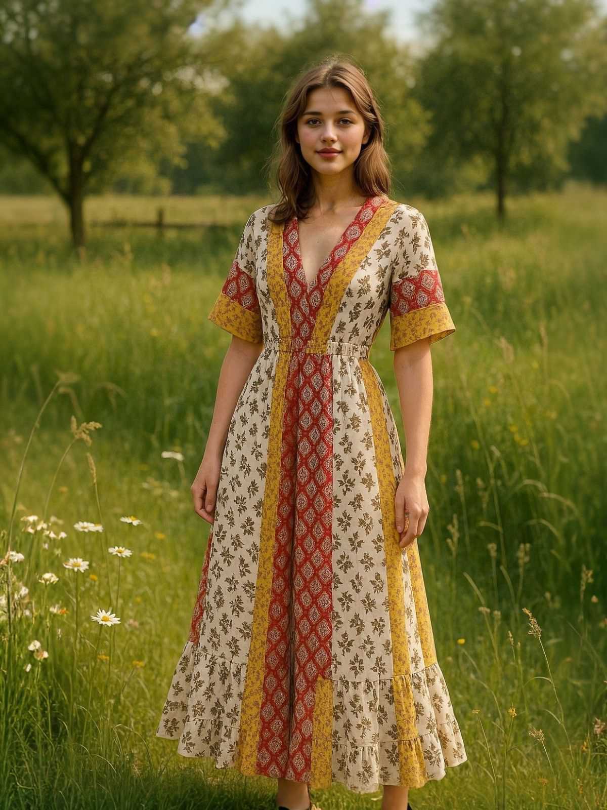 Yellow 1970s Bohemian Floral Tribal Pattern Jumpsuit - Image 2