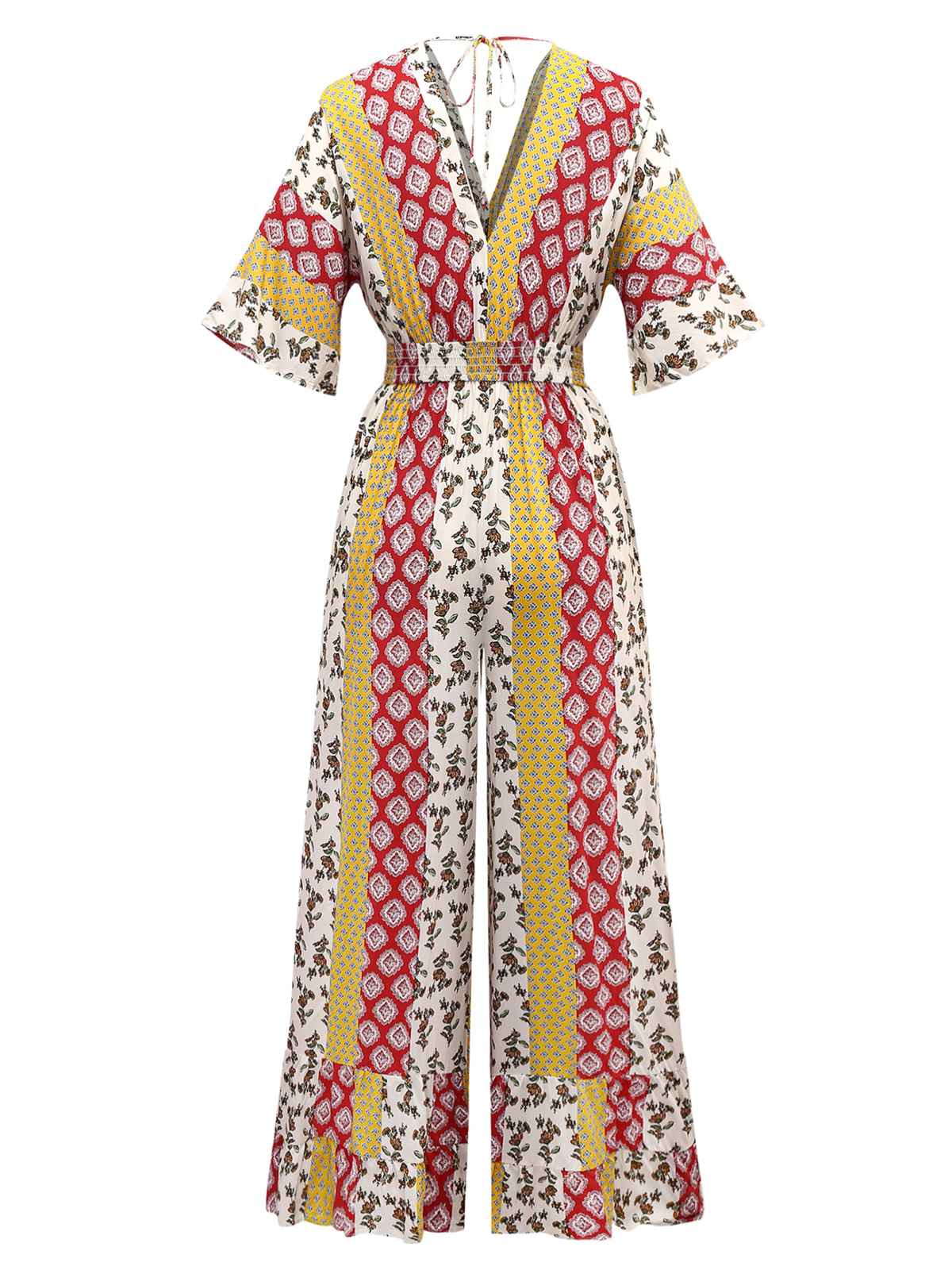 Yellow 1970s Bohemian Floral Tribal Pattern Jumpsuit - Image 3