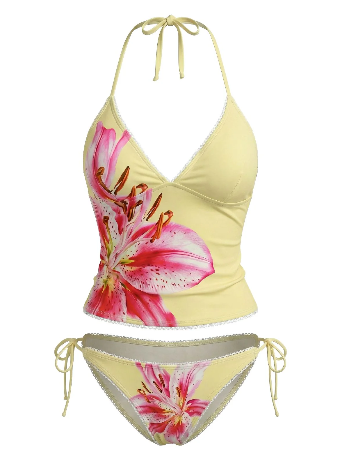 Yellow 1970s Floral Halter Lace-Up Swimsuit - Image 2