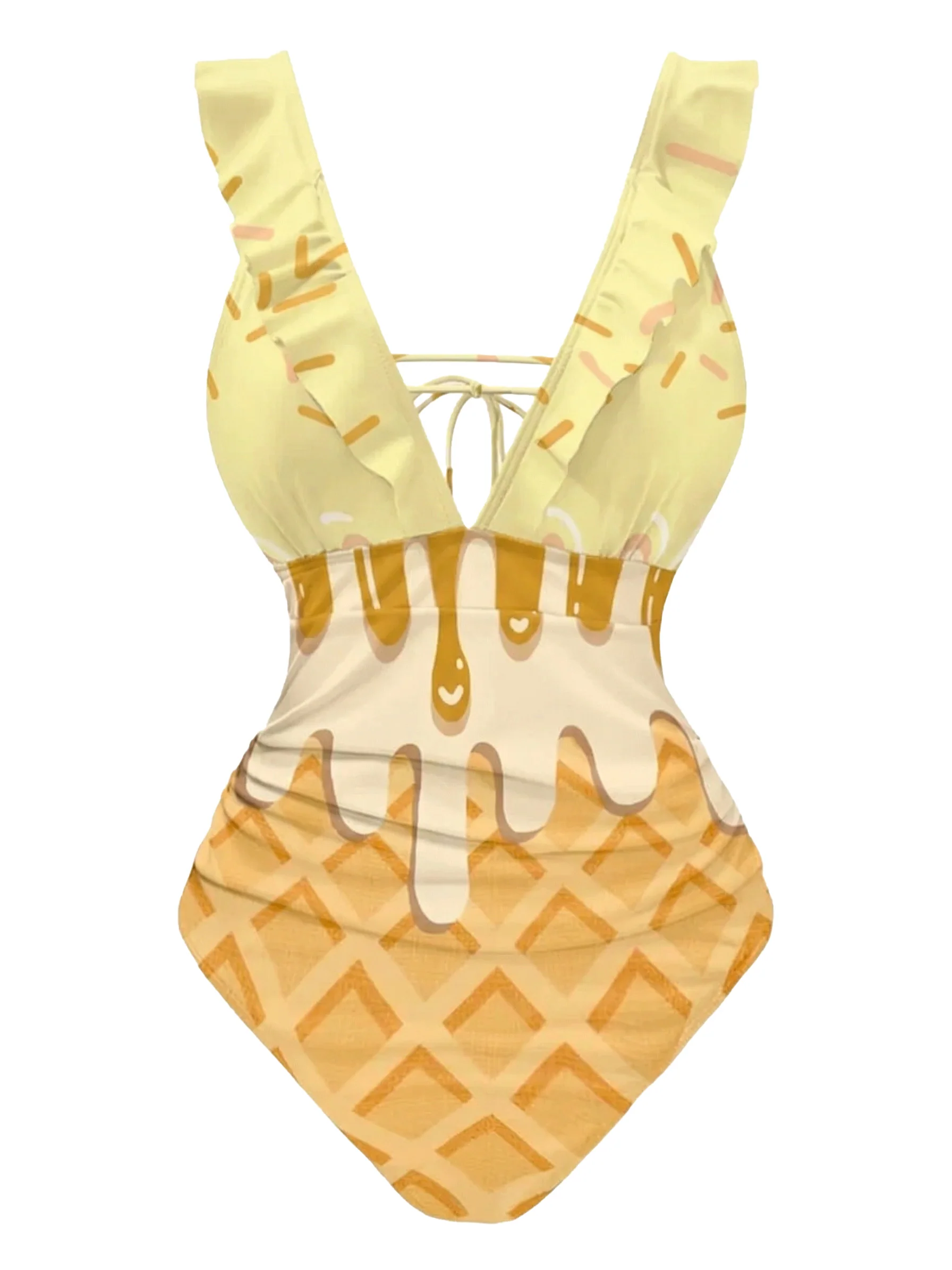 Pink 1970s Ruffled Tie Back Ice-Cream Swimsuit - Image 3