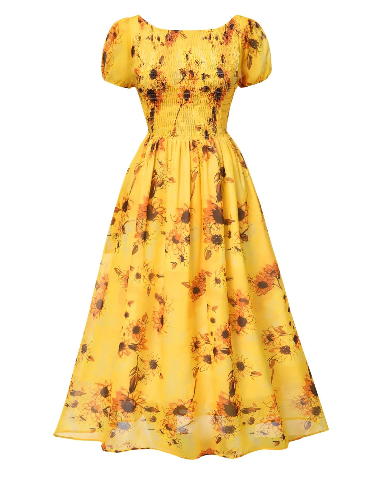 Yellow 1970s Scoop Midi A-line Sunflower Dress - Image 2
