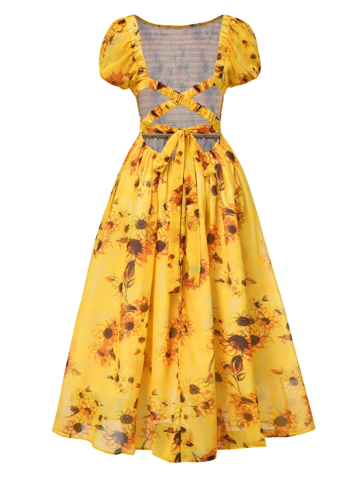 Yellow 1970s Scoop Midi A-line Sunflower Dress - Image 3
