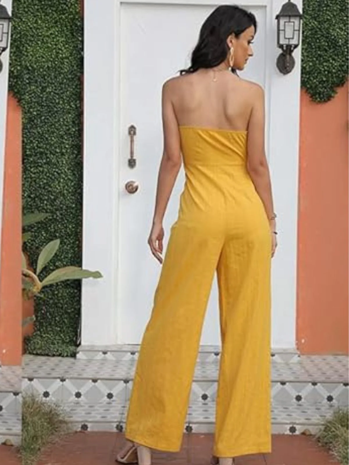 Yellow 1970s Strapless Bow Solid Jumpsuit - Image 3