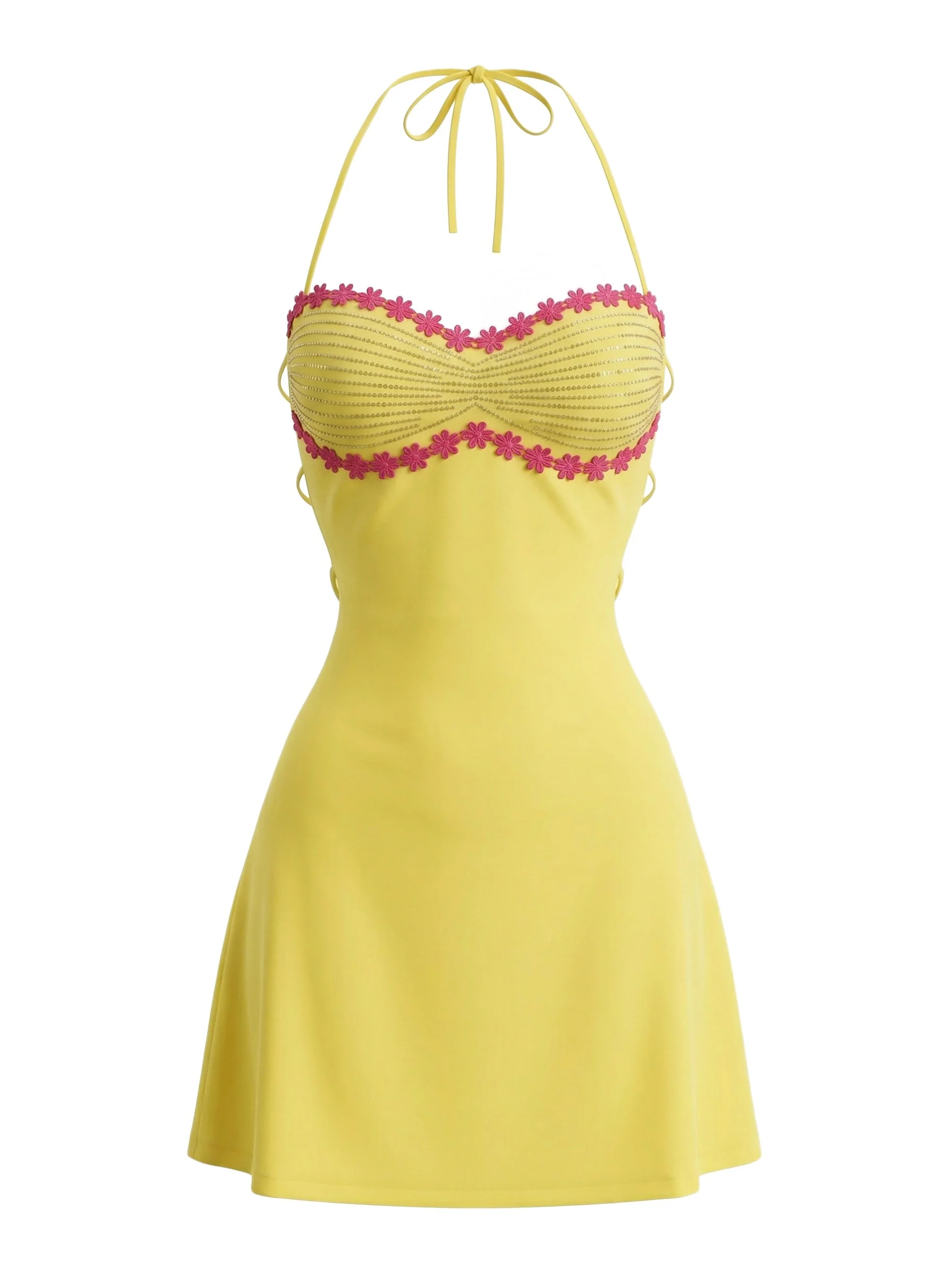 Yellow 2000s Bejeweling Back Tie Mini Dress - Image 2