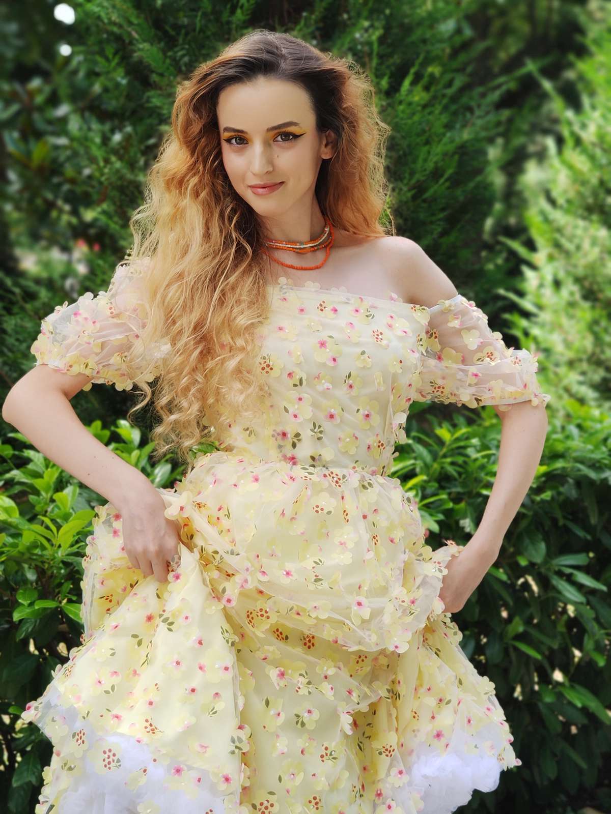 Yellow 3D Floral Puff Sleeves Swing Dress - Image 2