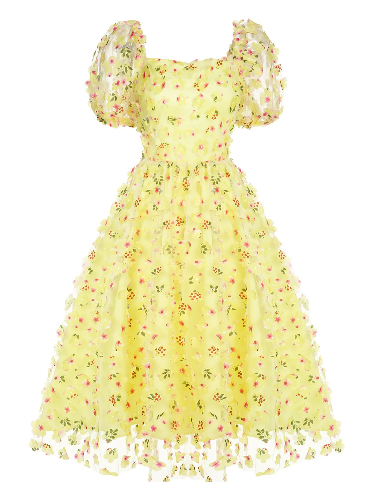 Yellow 3D Floral Puff Sleeves Swing Dress - Image 3