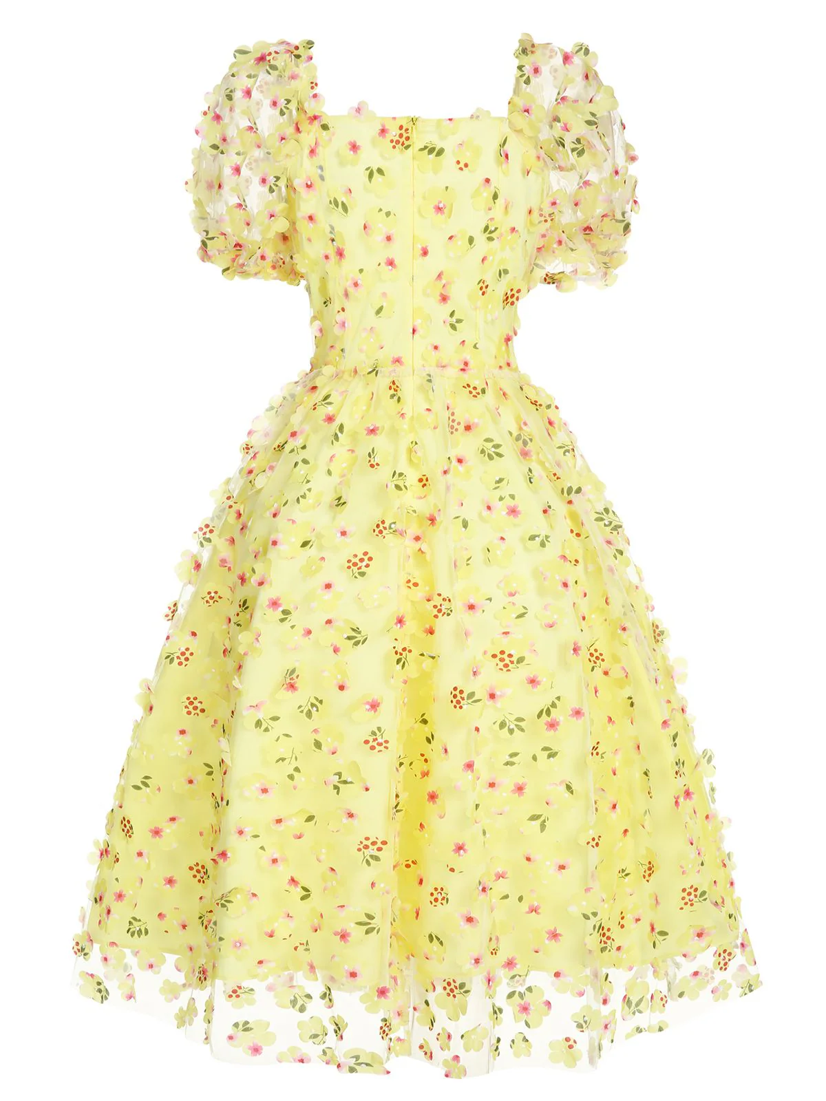 Yellow 3D Floral Puff Sleeves Swing Dress - Image 4