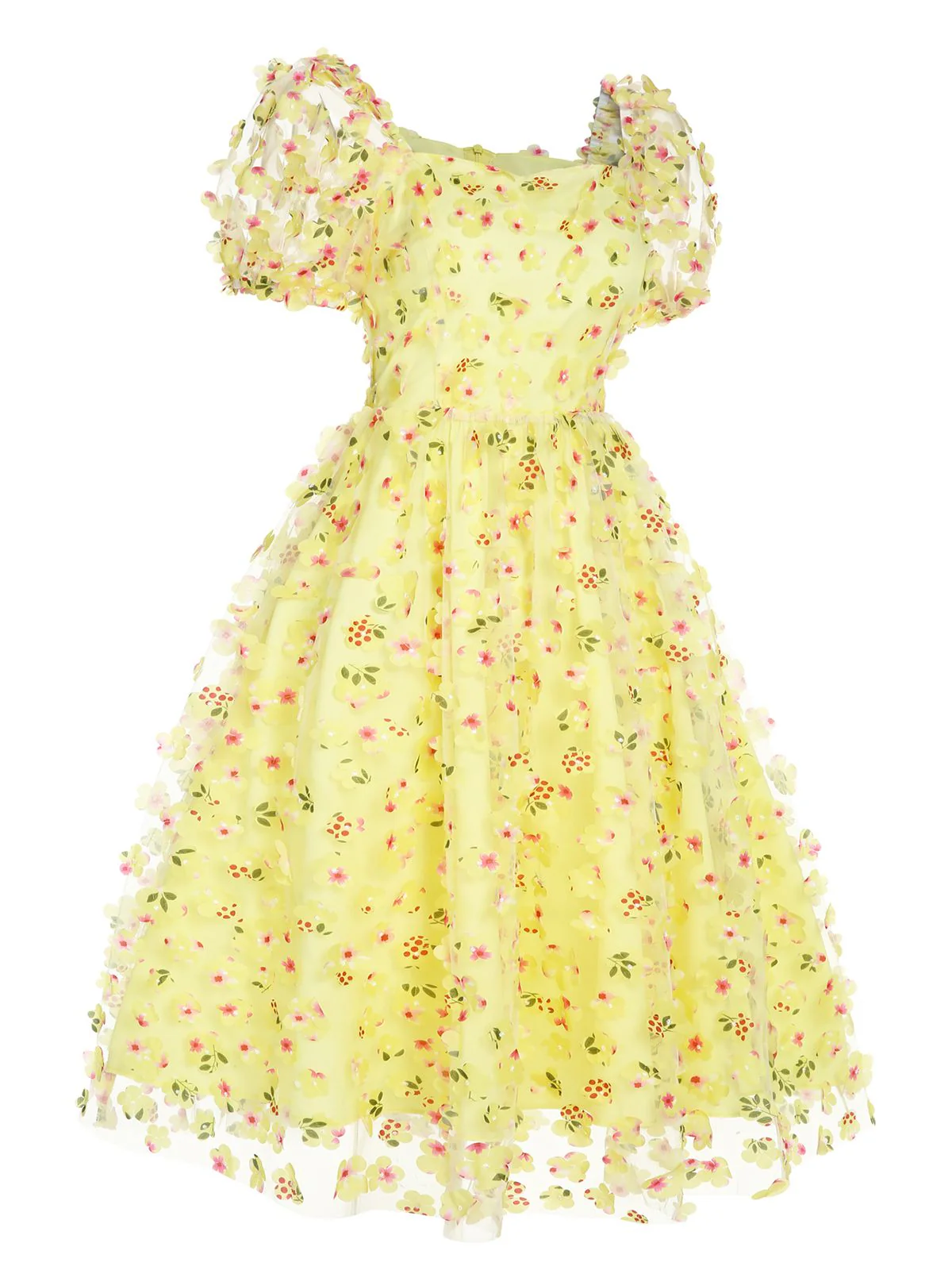 Yellow 3D Floral Puff Sleeves Swing Dress - Image 5