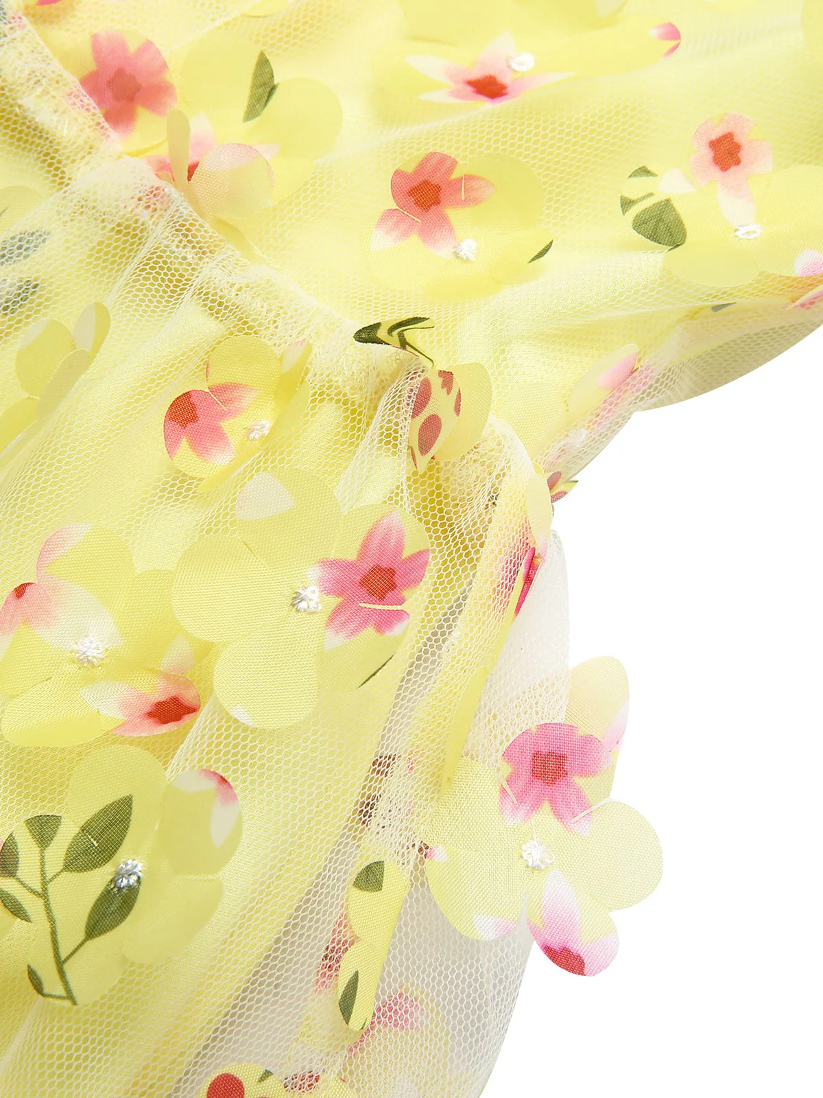 Yellow 3D Floral Puff Sleeves Swing Dress - Image 6