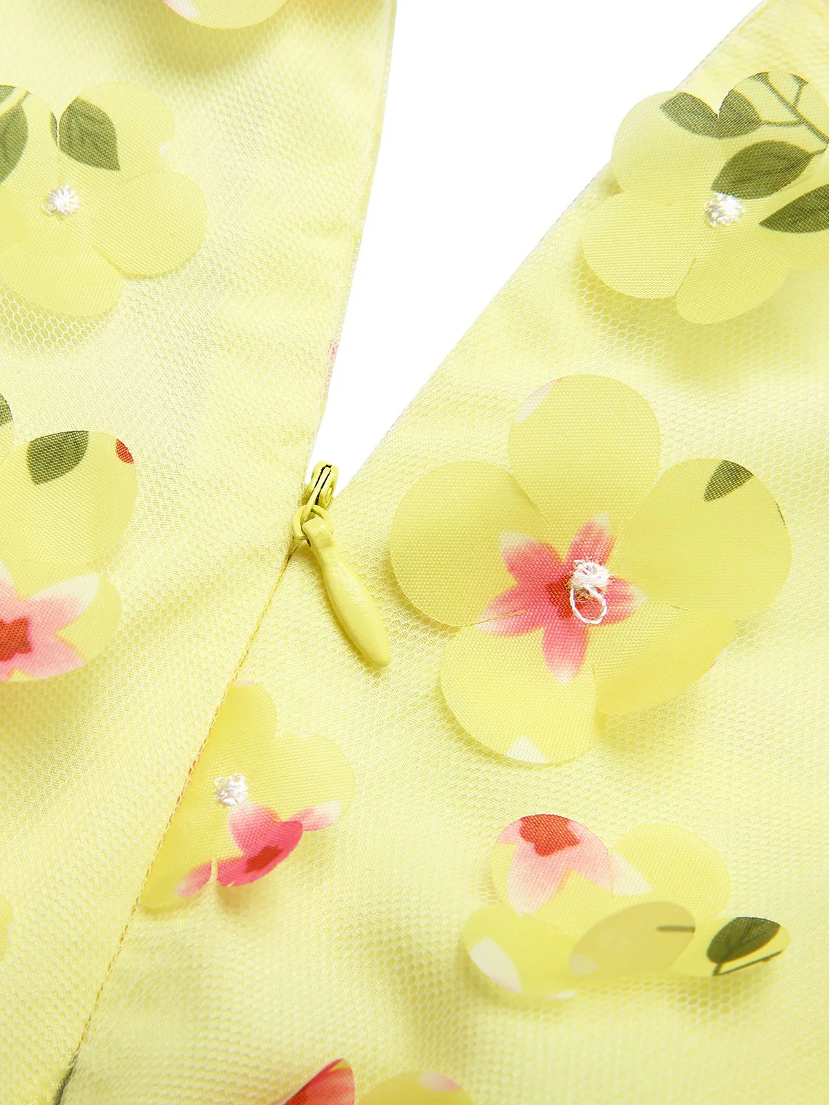Yellow 3D Floral Puff Sleeves Swing Dress - Image 7