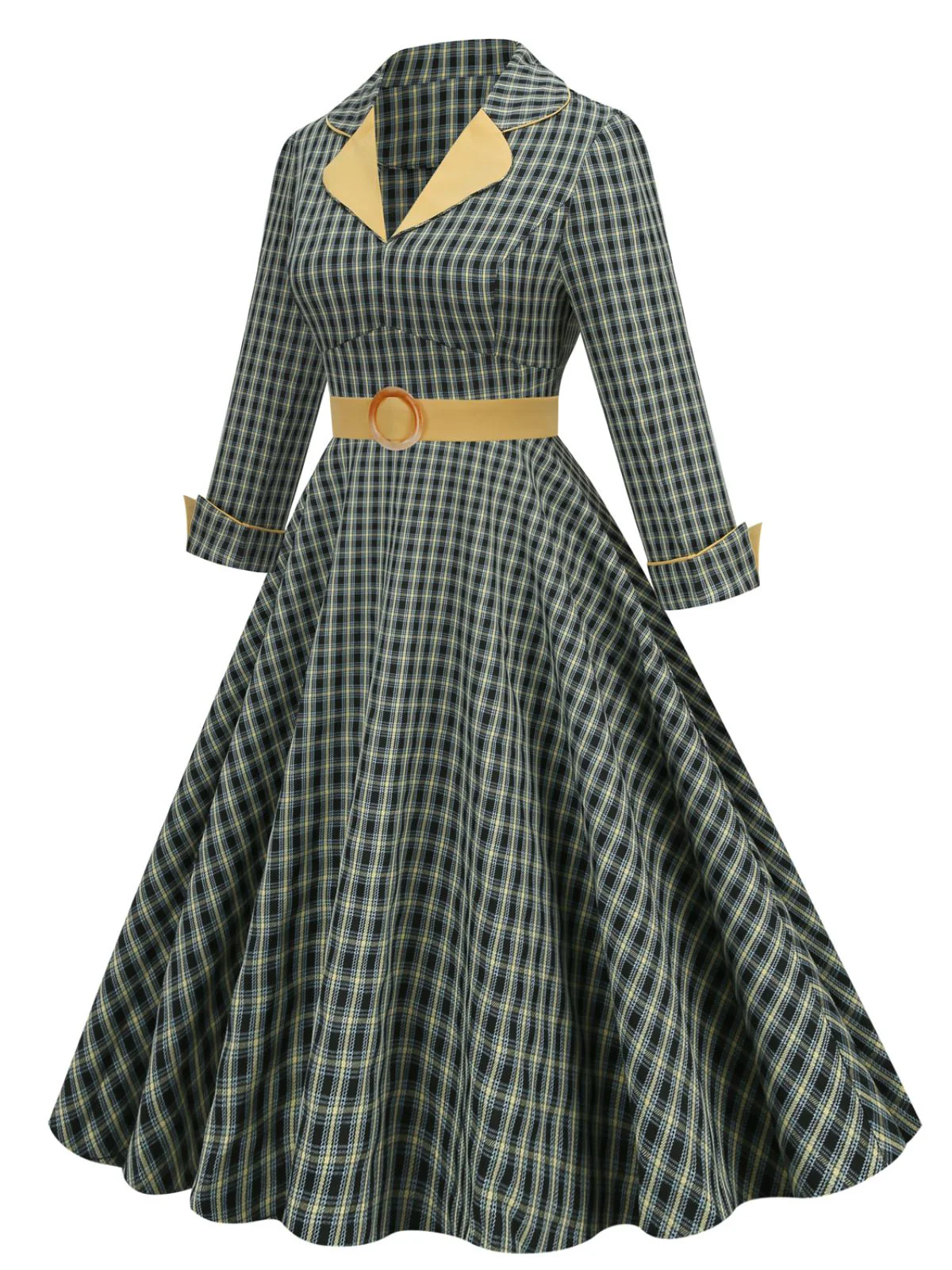 Yellow & Black 1950s Plaid Lapel Belt Swing Dress - Image 2