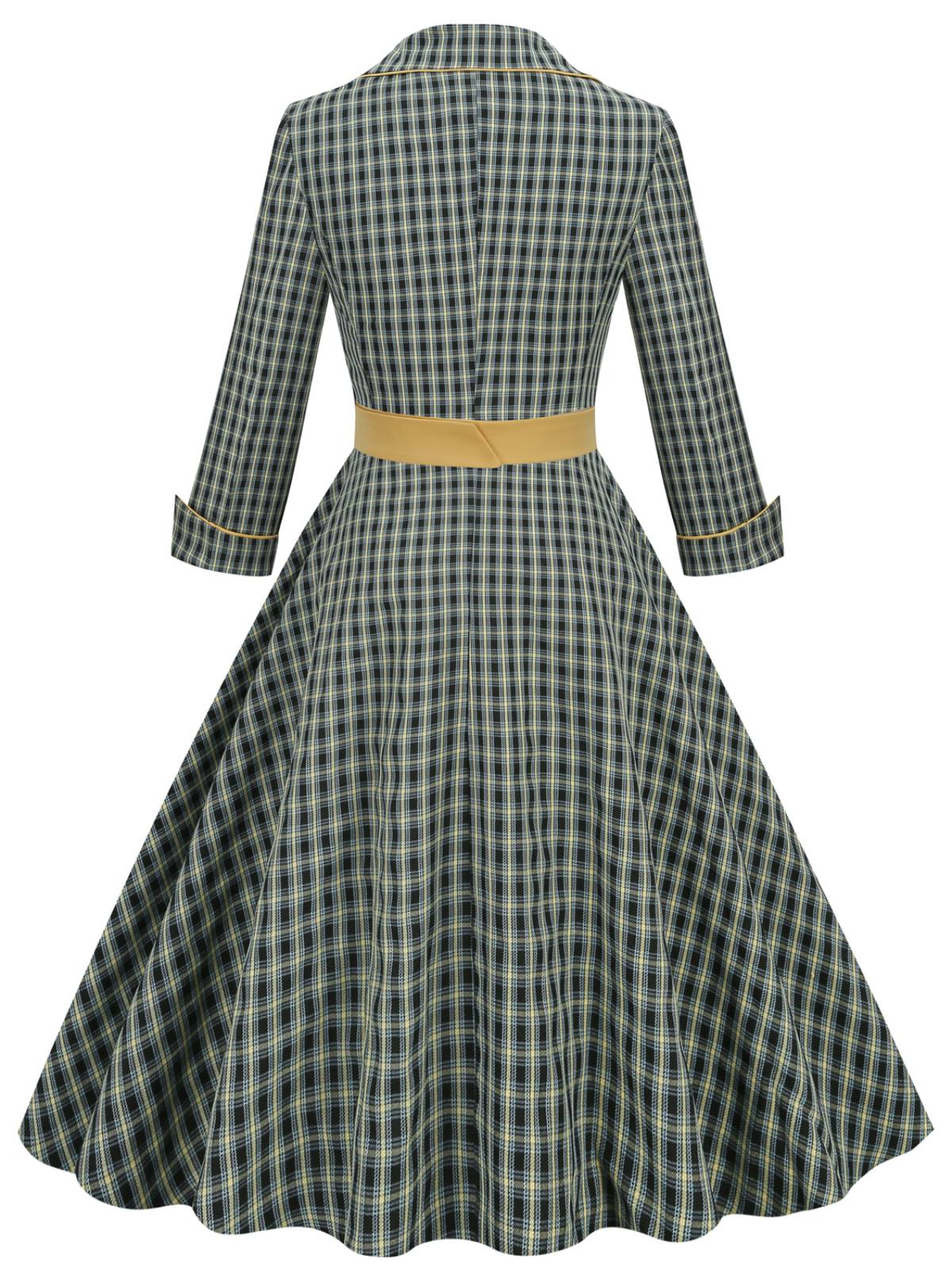 Yellow & Black 1950s Plaid Lapel Belt Swing Dress - Image 3