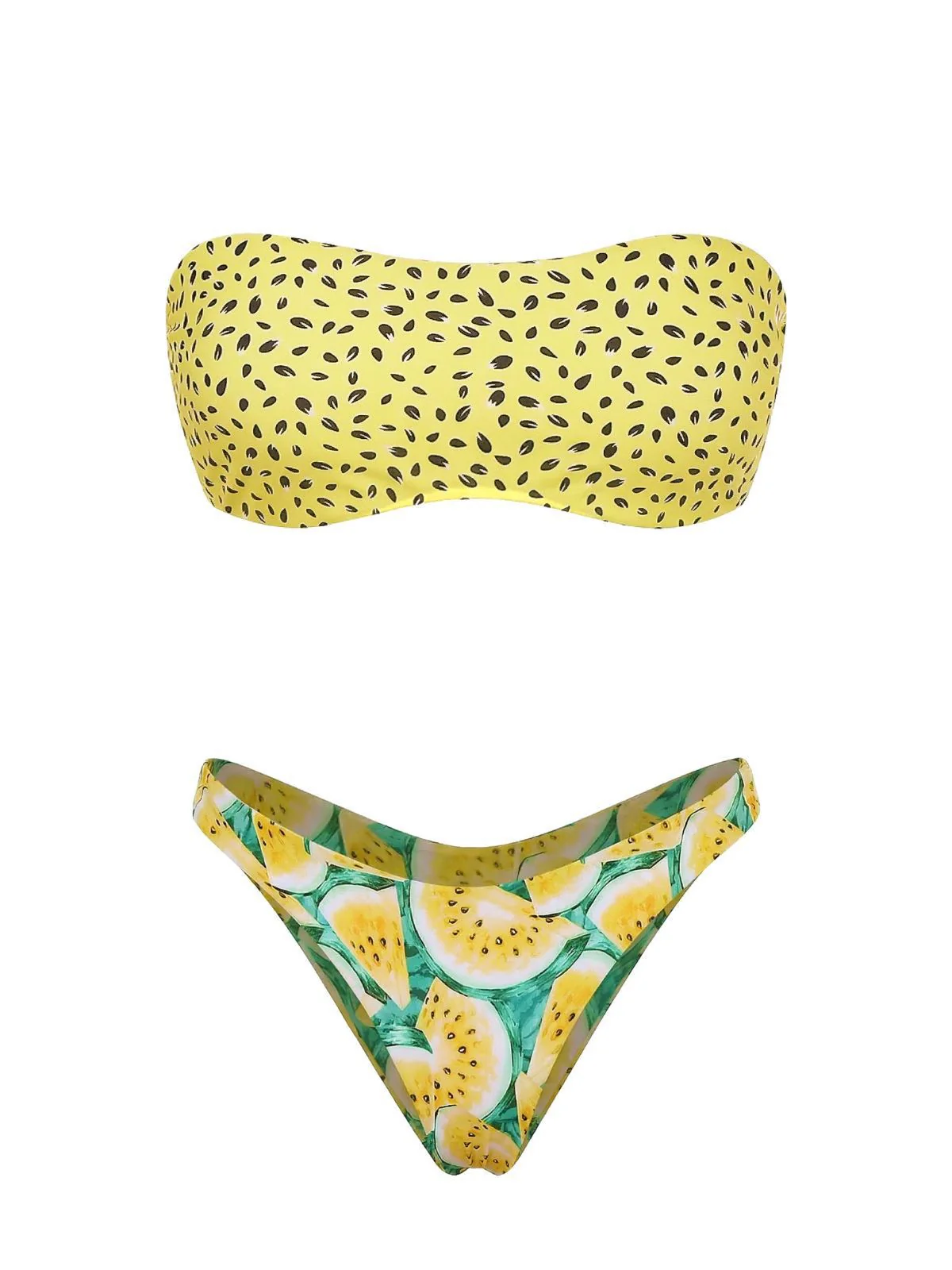 Yellow 1970s Kiwi Print Bandeau Bikini Set - Image 2