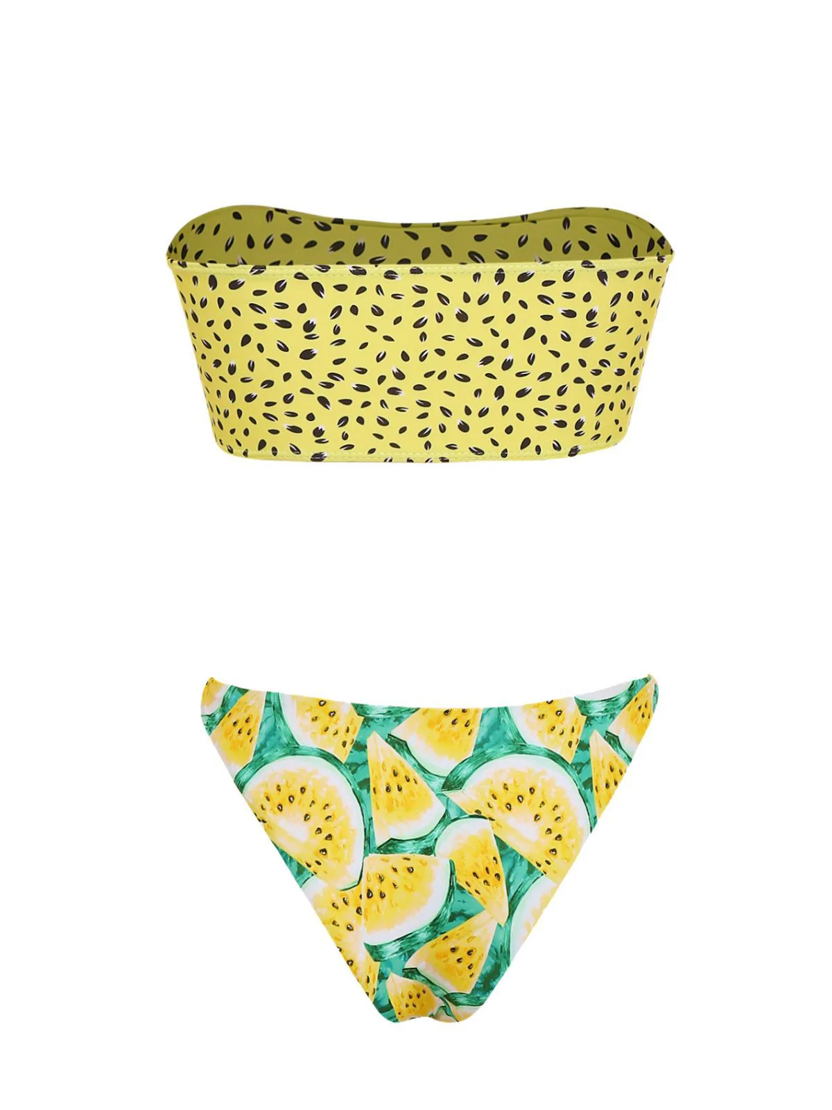 Yellow 1970s Kiwi Print Bandeau Bikini Set - Image 3